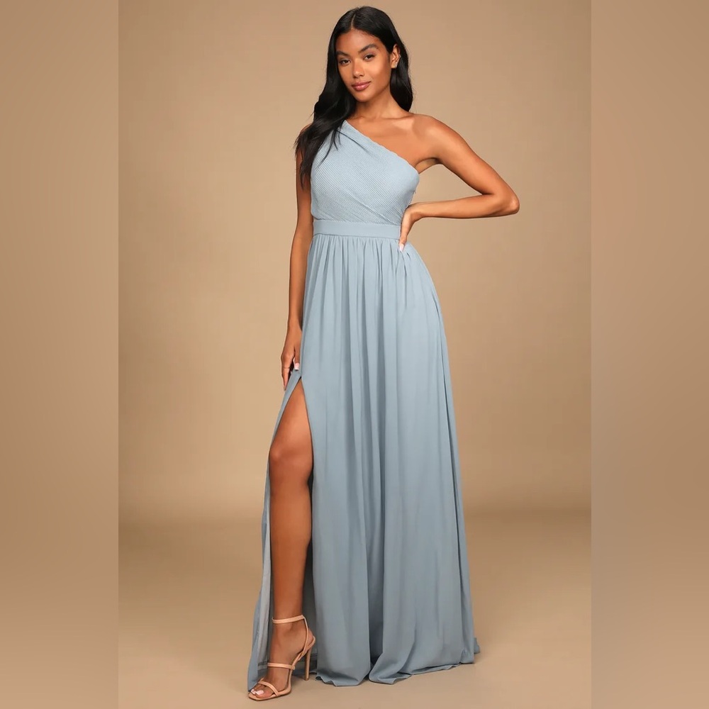 NWT Lulus Lovely Endings Dusty Blue One-Shoulder Pleated Maxi Dress